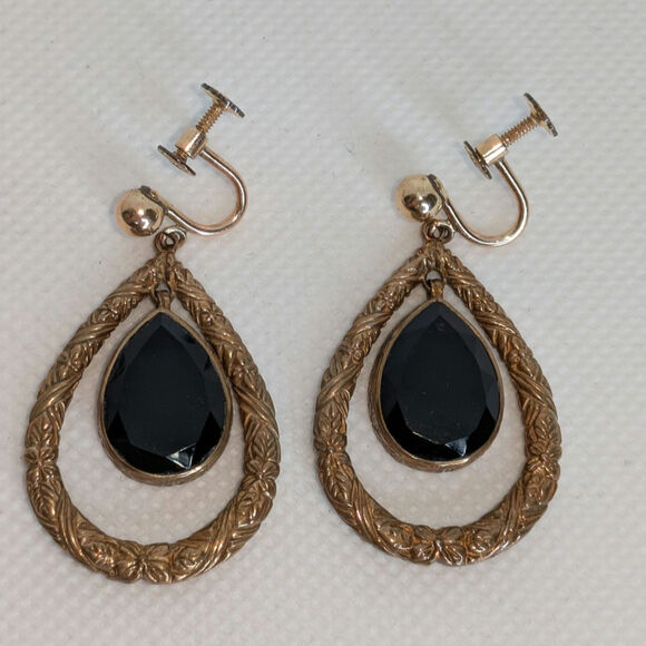 Stephen Dweck Black Onyx Etched Bronze Gold Teardrop Dangle Clip GF Earrings - Picture 5 of 7